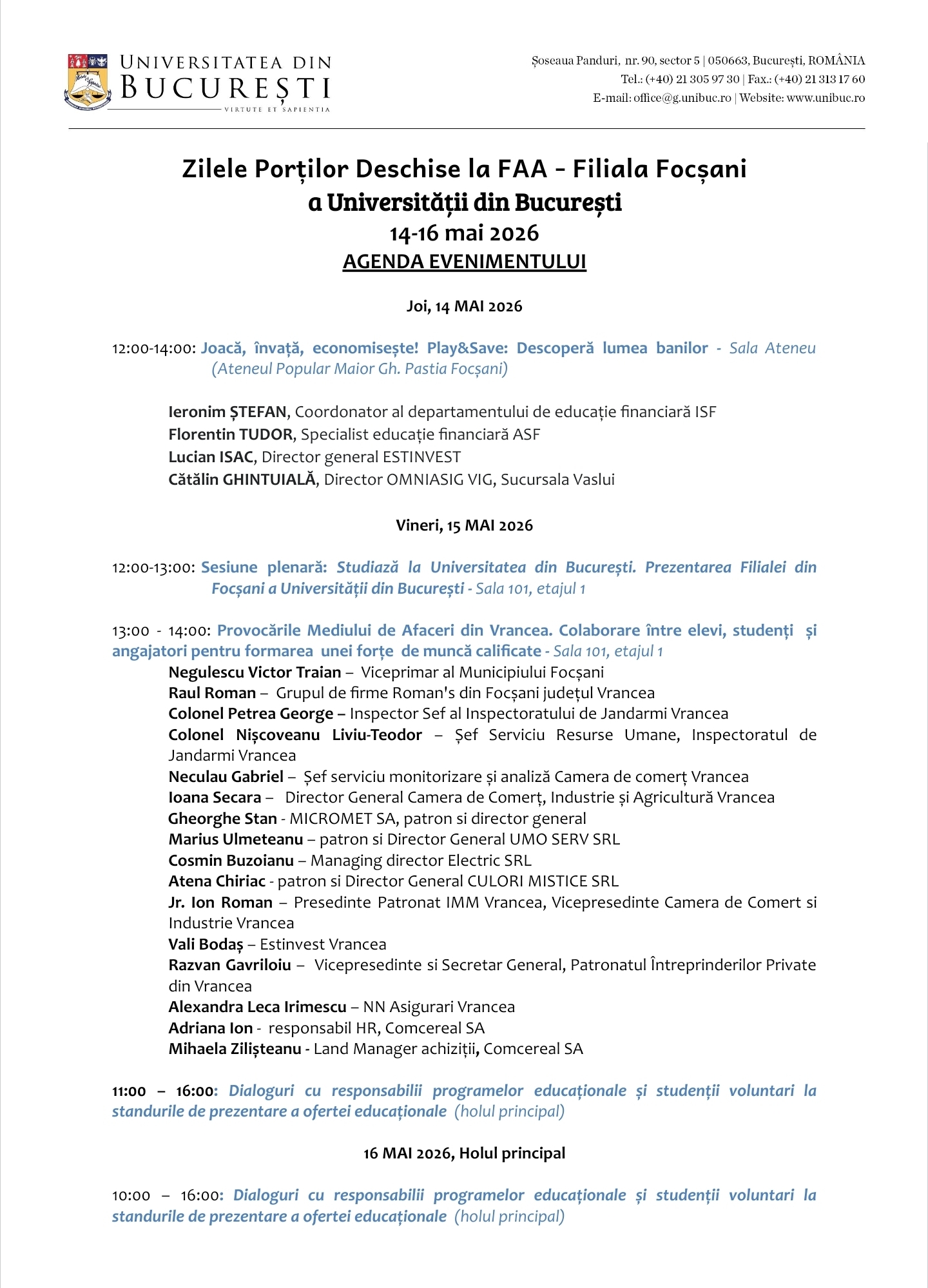 Facultatea de Administrație și Afaceri, activ implicată în orientarea educațională a tinerilor din Vrancea